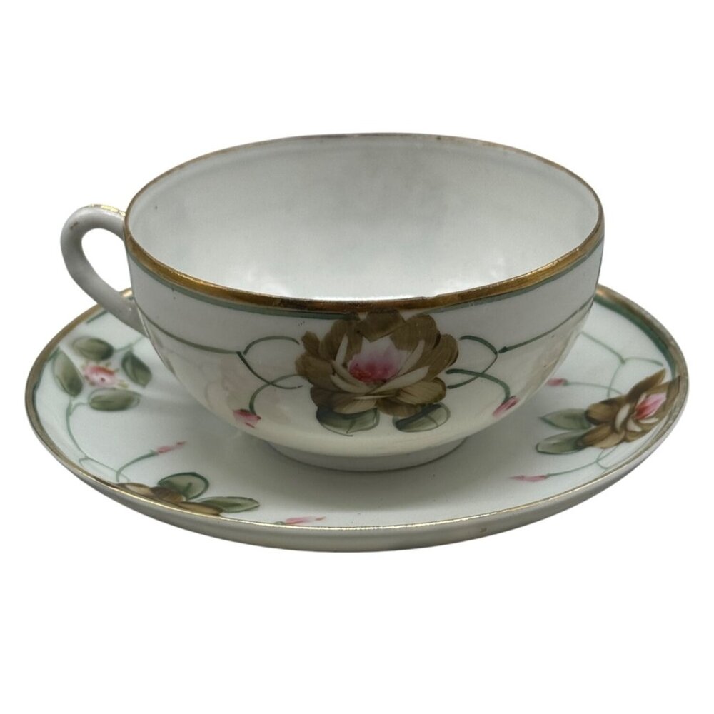 Antique Nippon Hand Painted Tea Cup & Saucer Set floral gold trim handle READ